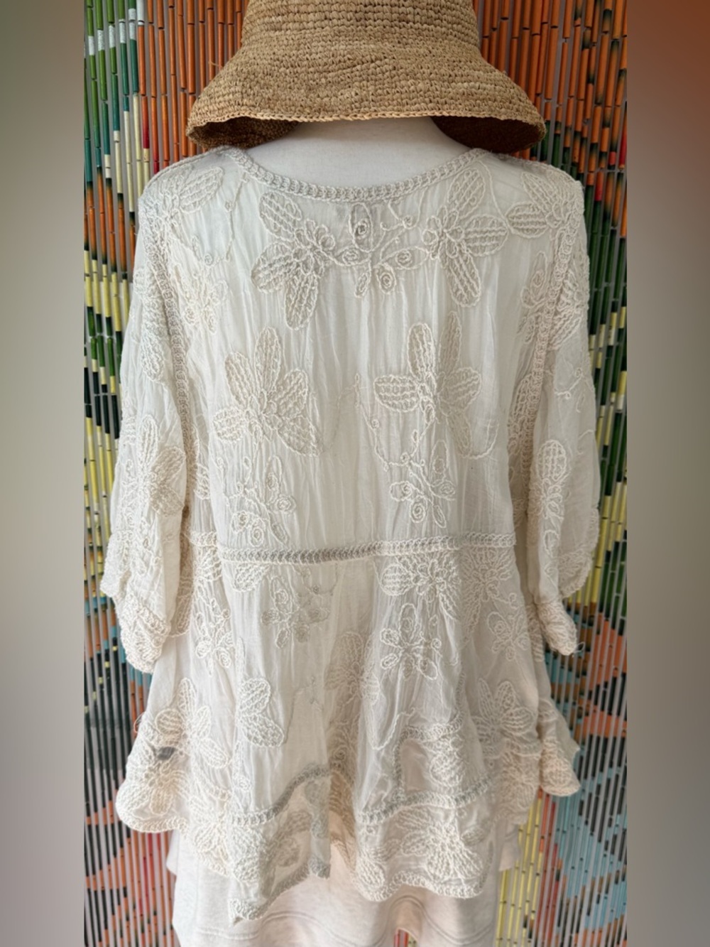 POL Cream Lace-Embroidered Peasant Top with Tassel Tie - Picture 5 of 7